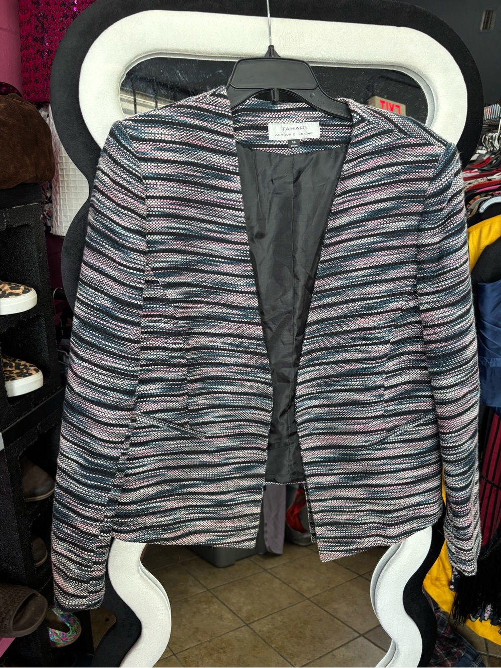 Tahari Black and Pink Striped Open-Front Blazer